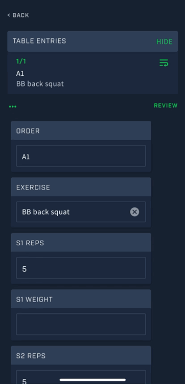 A screenshot from the Athlete app showing you how to enter strength exercises into a table in an event form