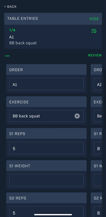 A screenshot from the Athlete app showing the table features in an event form