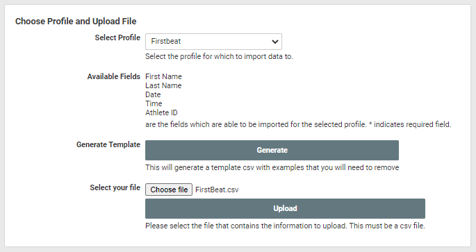 A screenshot showing the import process for the Firstbeat profile form.