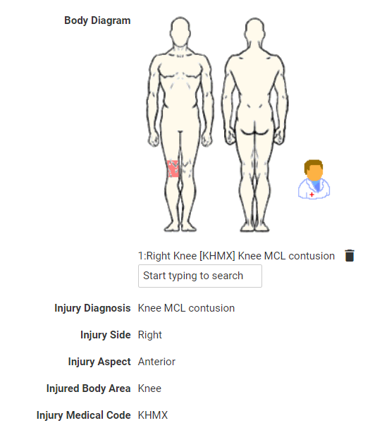 A screenshot of an OSICS body diagram field with the right knee selected, and calculations underneath showing a breakdown of the injury details