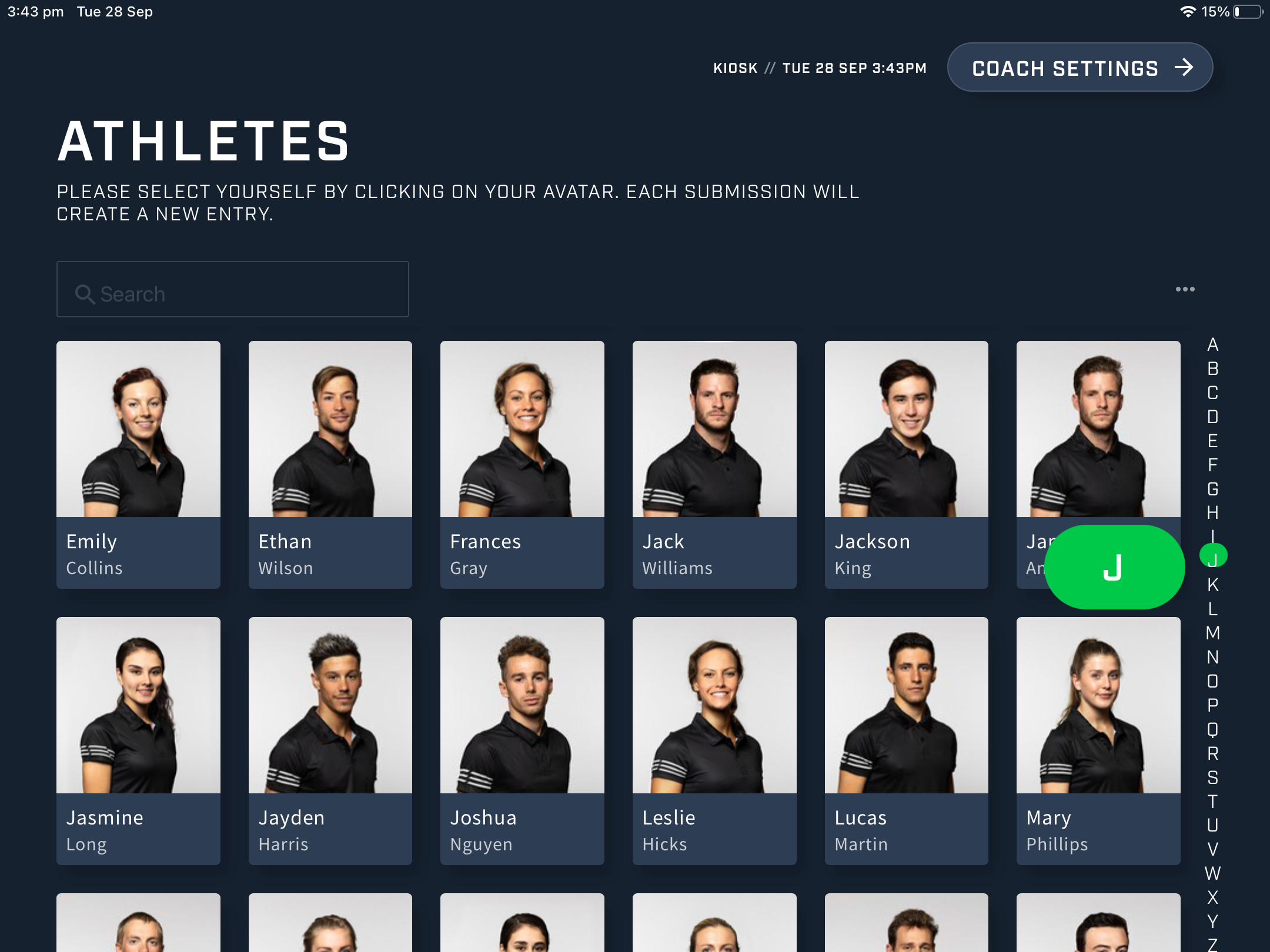 A screenshot of the athlete selection screen on the Kiosk app