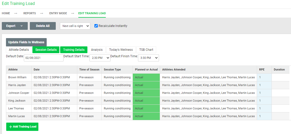 A screenshot of records containing a multiple athletes field being edited in group mode