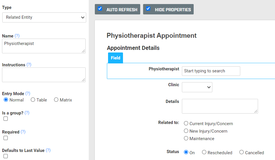 A screenshot of an appointment form named Physiotherapist Appointment. The booking form contains a related entity field named Physiotherapist to select the entity or physiotherapist that the booking is with.