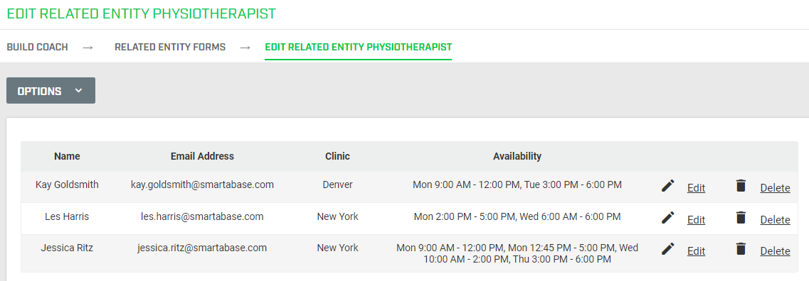 A screenshot of a related entity form named Physiotherapist which contains three records for three different physiotherapists.