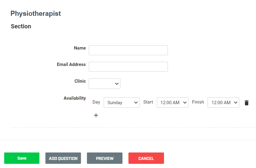 A screenshot of a related entity form named Physiotherapist containing fields for the physiotherapists' name, email address, clinic and availability