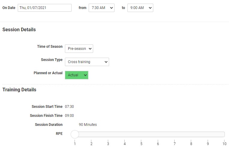 A screenshot of an event form which contains a time difference field to calculate the training session duration