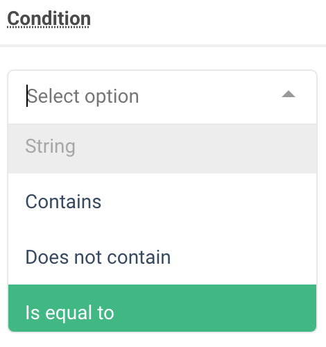 A screenshot showing an example of the string options for a data filter condition
