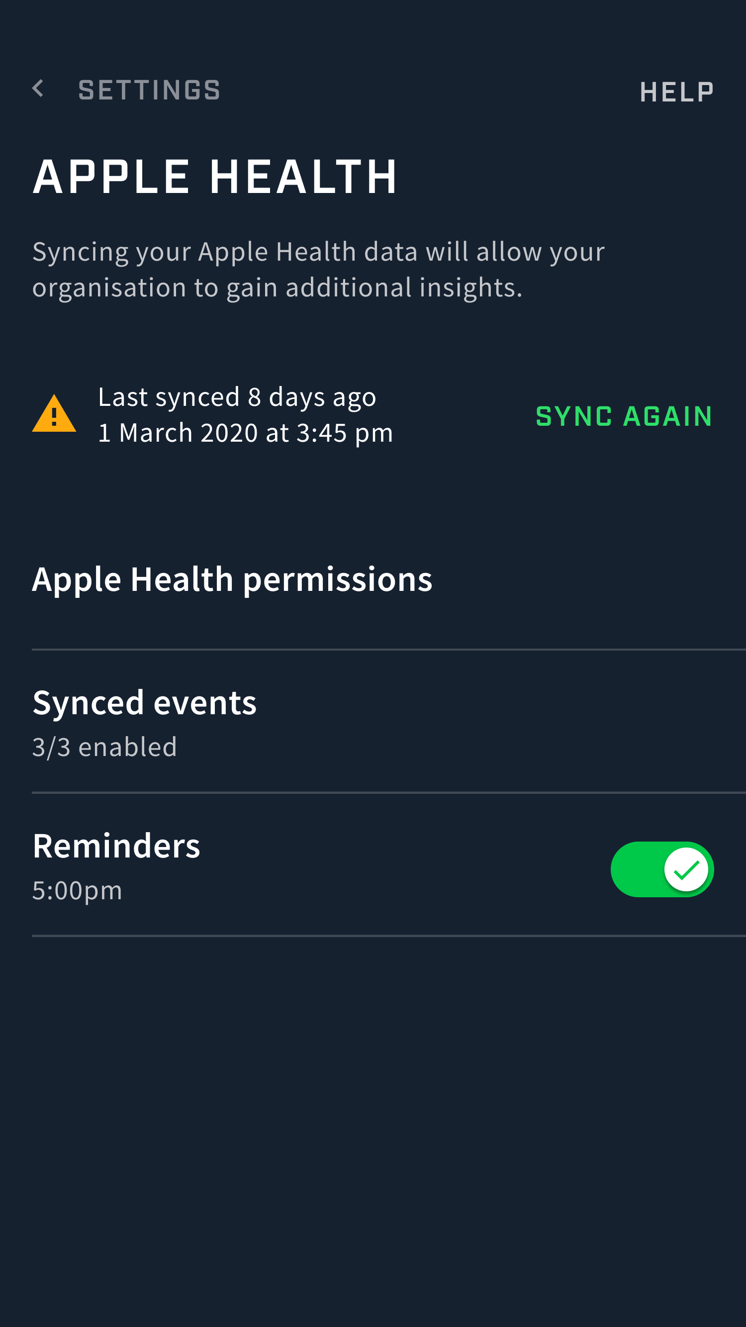 A screenshot of the Athlete app Apple Health page showing the last sync date