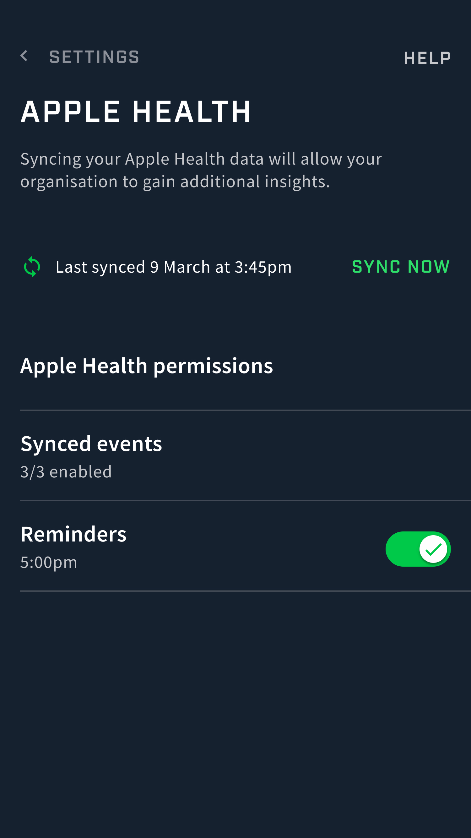 A screenshot of the Athlete app Apple Health page showing sync completed
