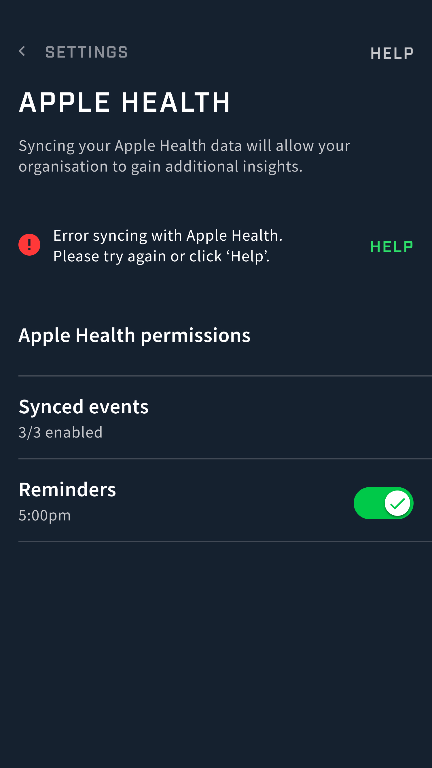 A screenshot of the Athlete app Apple Health page showing a failed sync error message