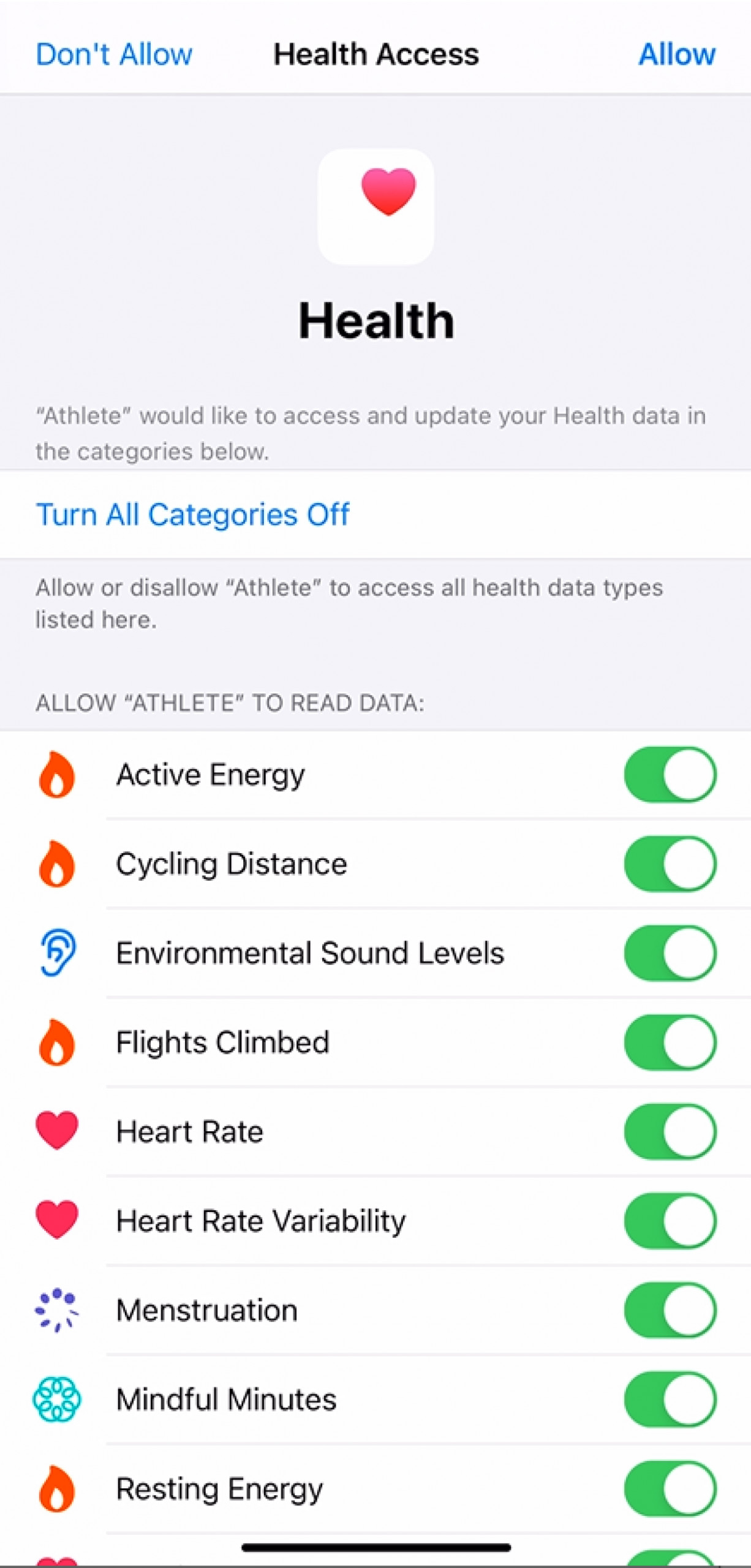 A screenshot of the Apple Health app sharing permissions on an iPhone