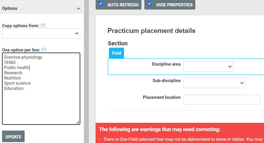 A screenshot of an event form named Practicum placement details. A dropdown field named Discipline area is selected and the option names are shown in the sidebar.