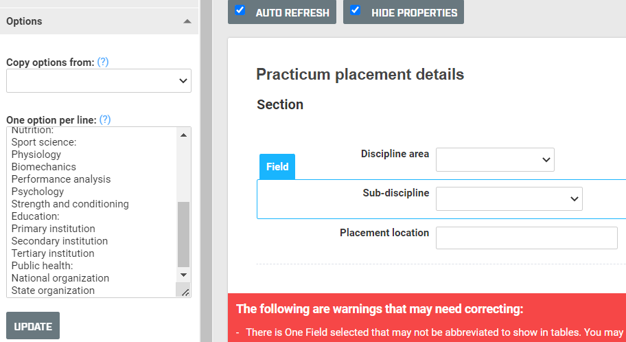 A screenshot of an event form named Practicum placement details. The dropdown field named Sub-discipline is selected and the conditional option names are shown in the sidebar.