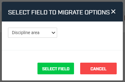 A screenshot of the first pop-up window that appears when you select Migrate option(s) in the Event forms tool. This is where you select the field to change options for.