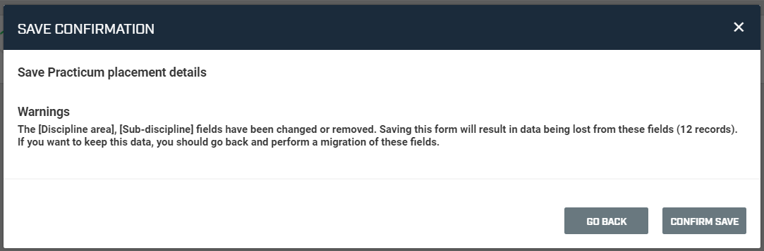 A screenshot of the Save confirmation pop-up window that appears when saving a form that has had changes made to option fields in the builder interface.