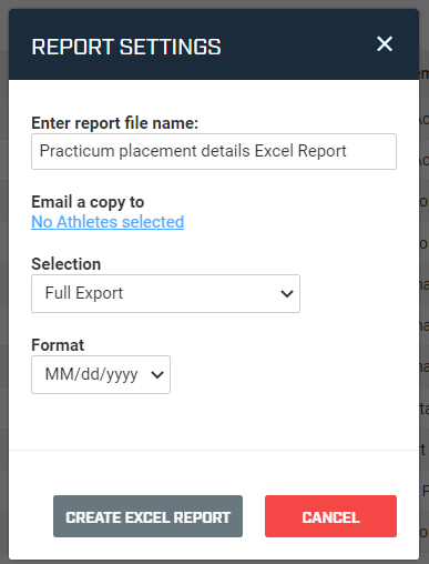 A screenshot of the pop-up window that appears when exporting a report on Smartabase Online.