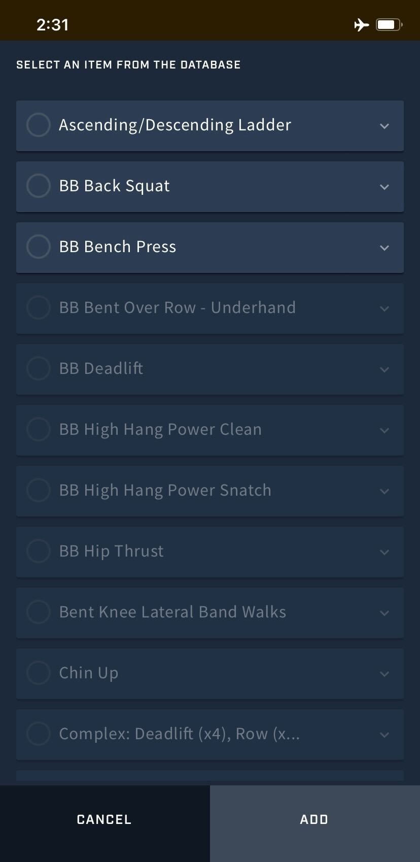 A screenshot of options in a Database field while using offline mode on the Athlete app.
