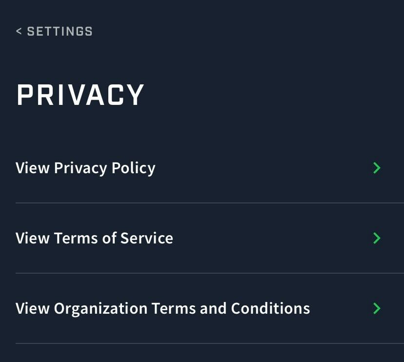 A screenshot of the Privacy screen in the Athlete app settings.