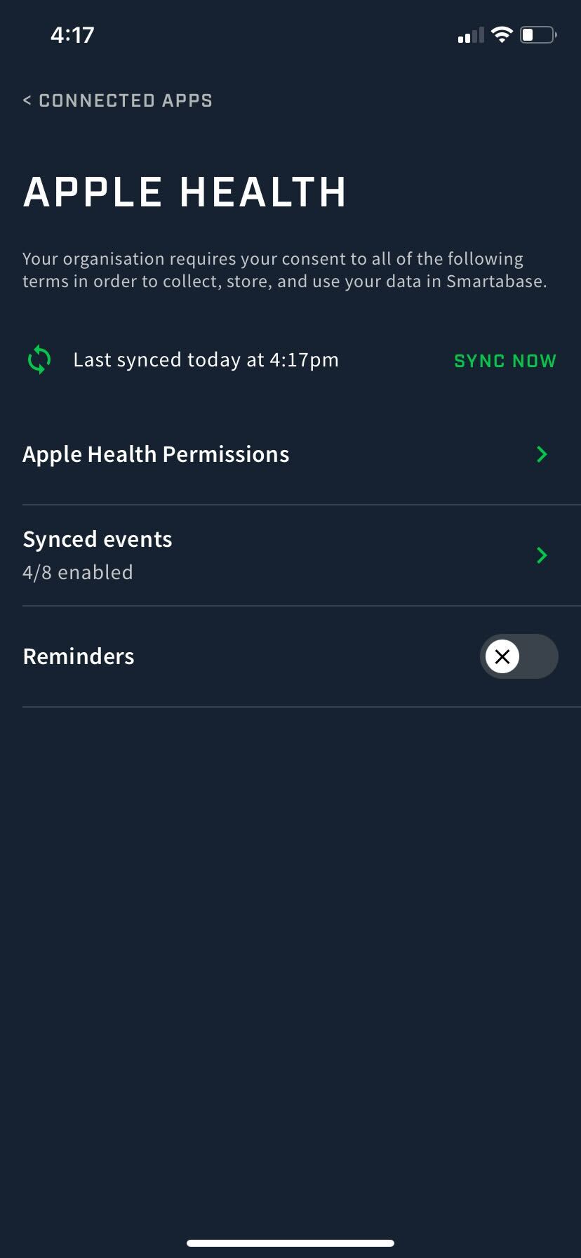 A screenshot of the Apple Health settings in the Athlete app.
