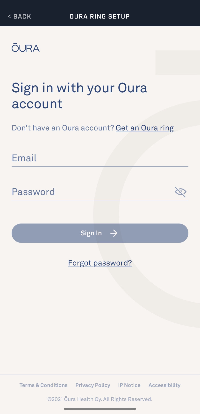 A screenshot of the Oura Ring authorization screen on the Athlete app.
