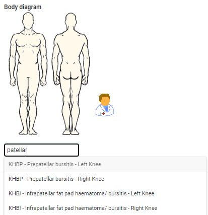 A screenshot of an OSICS diagram with medical field. An injury is selected from the drop-down list.