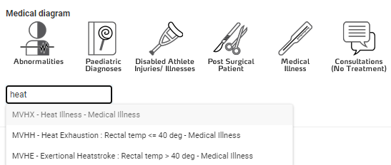 A screenshot of an OSICS medical diagram field. A heat-related illness is being searched for.