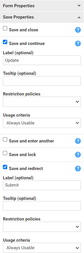 A screenshot of Save properties for an event form.