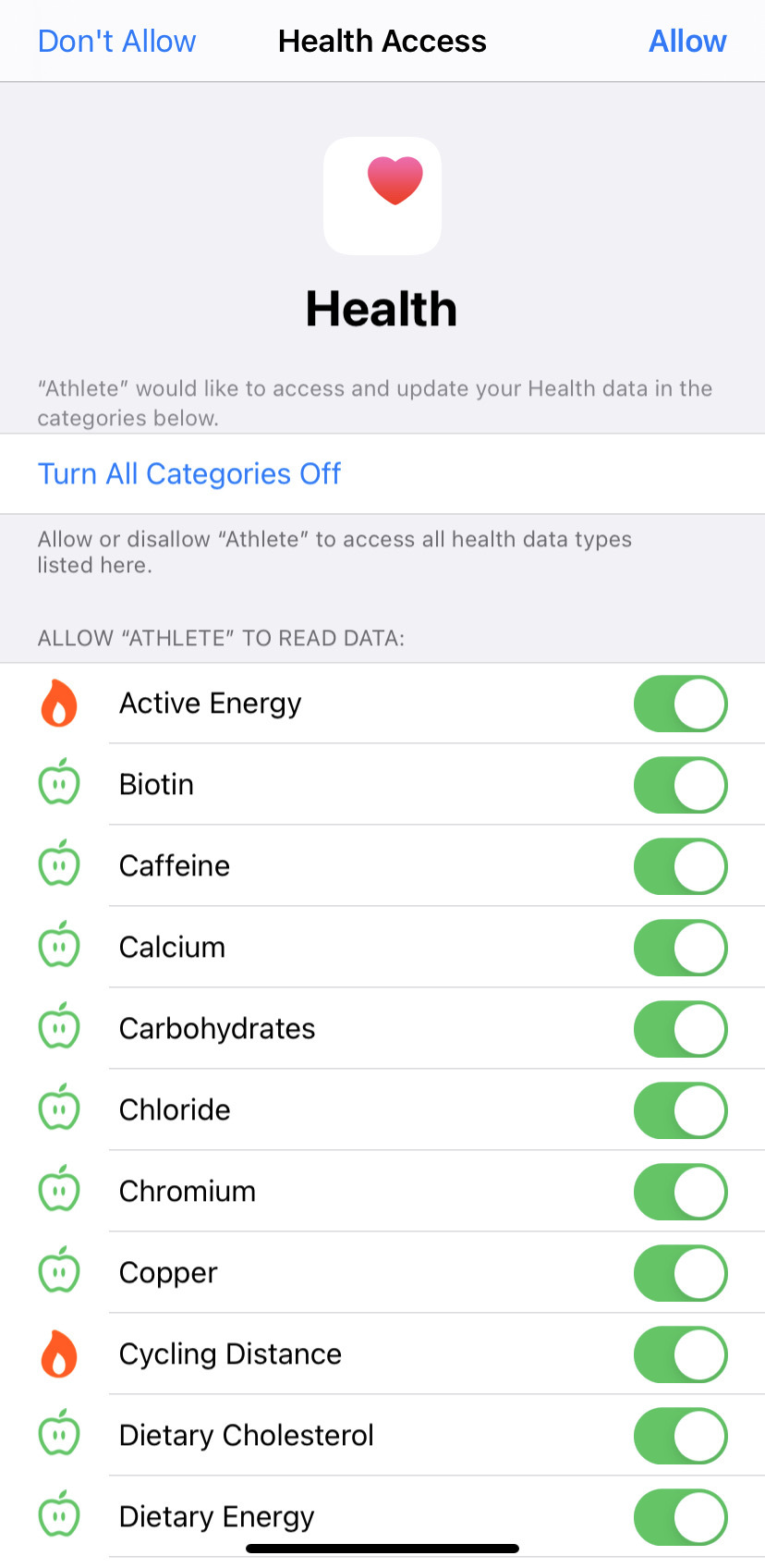 A screenshot of the categories in Apple Health which can be shared to Smartabase.