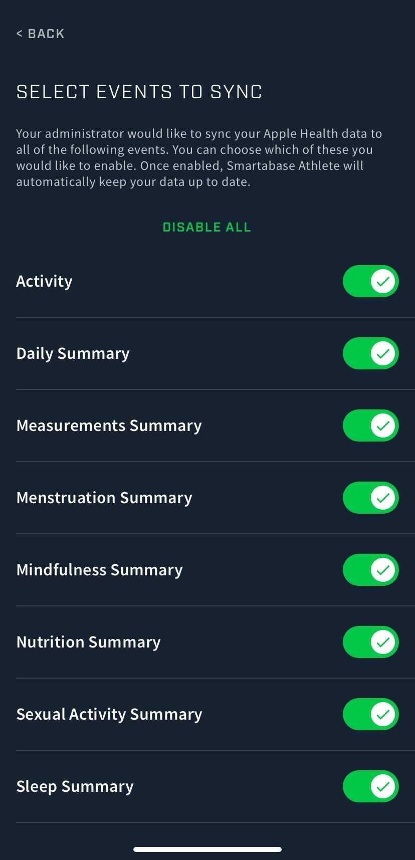 A screenshot of the event forms that are available for the Apple Health integration.