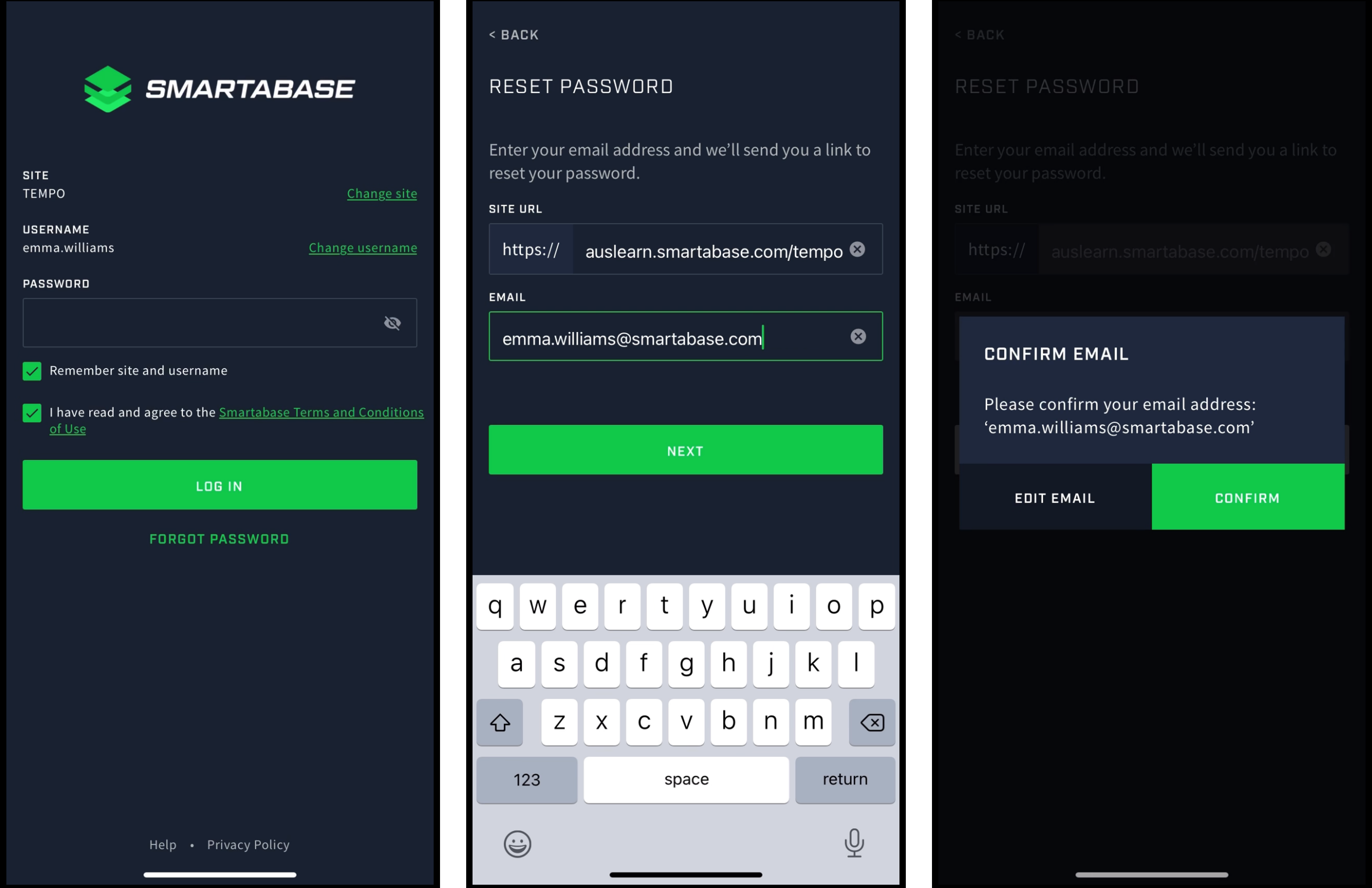 Three screenshots showing the steps to reset a password on the Smartabase Athlete app.