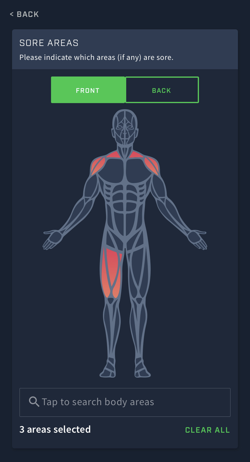 A screenshot of a body diagram field in the Athlete app. The right and left shoulders and right thigh have been selected as sore areas.