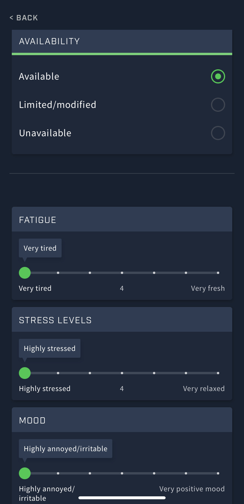 A screenshot of a form in the Athlete app. There is a single select field named Availability with the Available option selected. There are three slider fields for fatigue, stress levels and mood.