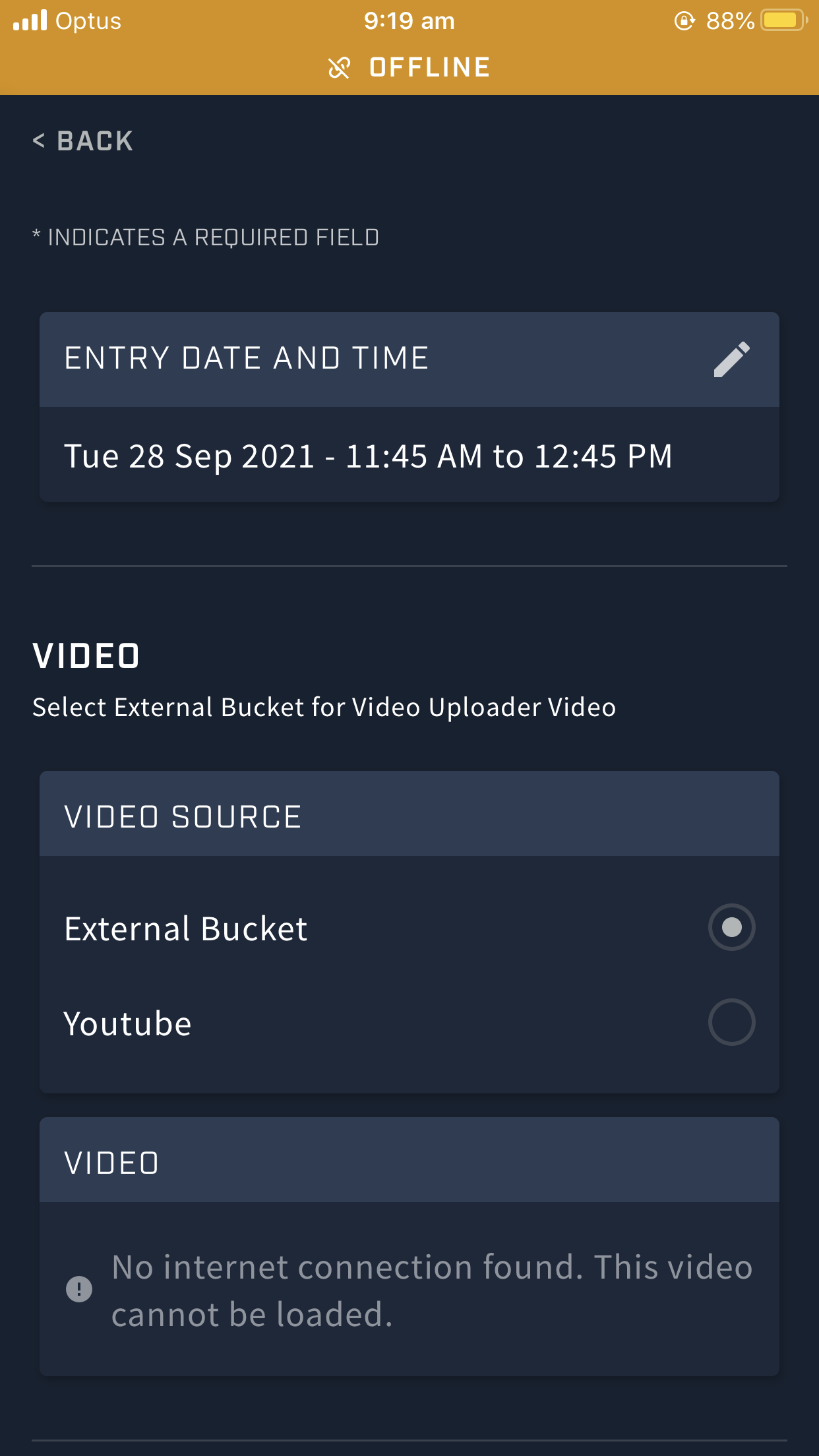 A screenshot of a video field in the Athlete app while offline.