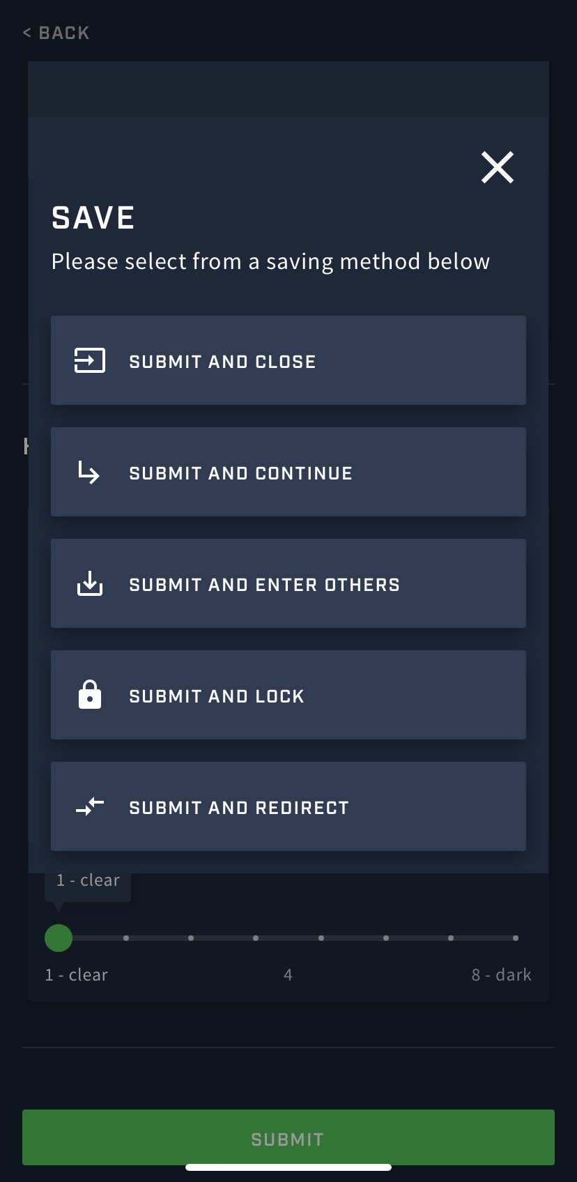 A screenshot of the different options available to save a form on the Athlete app.