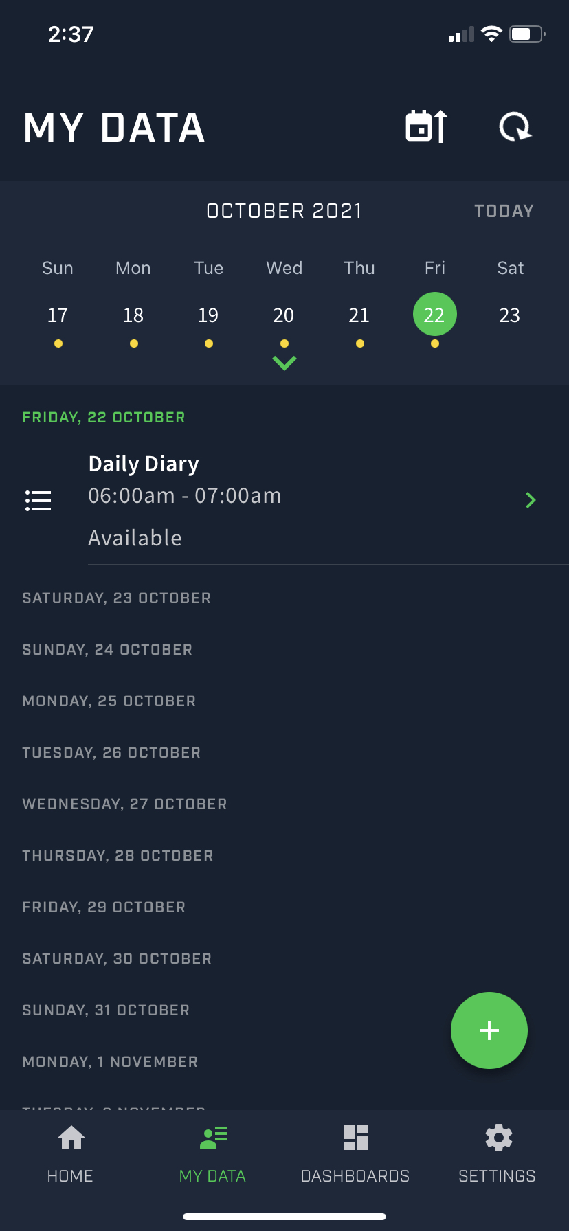 A screenshot of the My Data screen of the Athlete app. There is a record saved for the Daily Diary form on October 22. There is a green button with a plus icon inside.