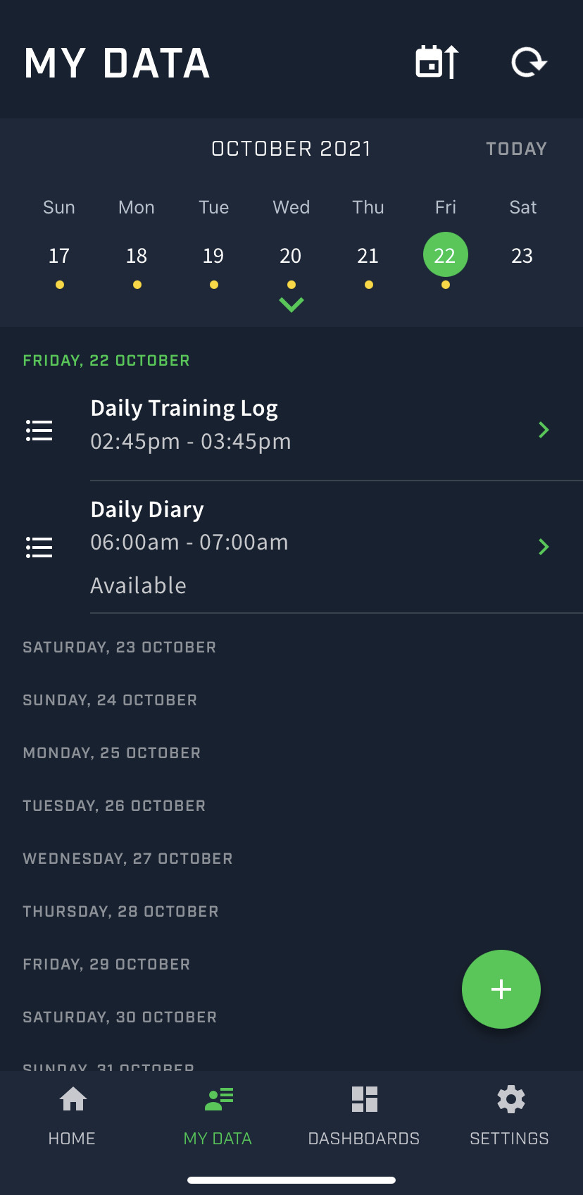 A screenshot of the My data screen of the Athlete app. There are two records saved on Friday October 22 and the records are sorted from newest to oldest.