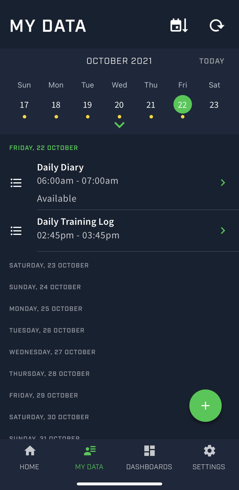A screenshot of the My data screen of the Athlete app. There are two records saved on Friday October 22 and the records are sorted from oldest to newest.