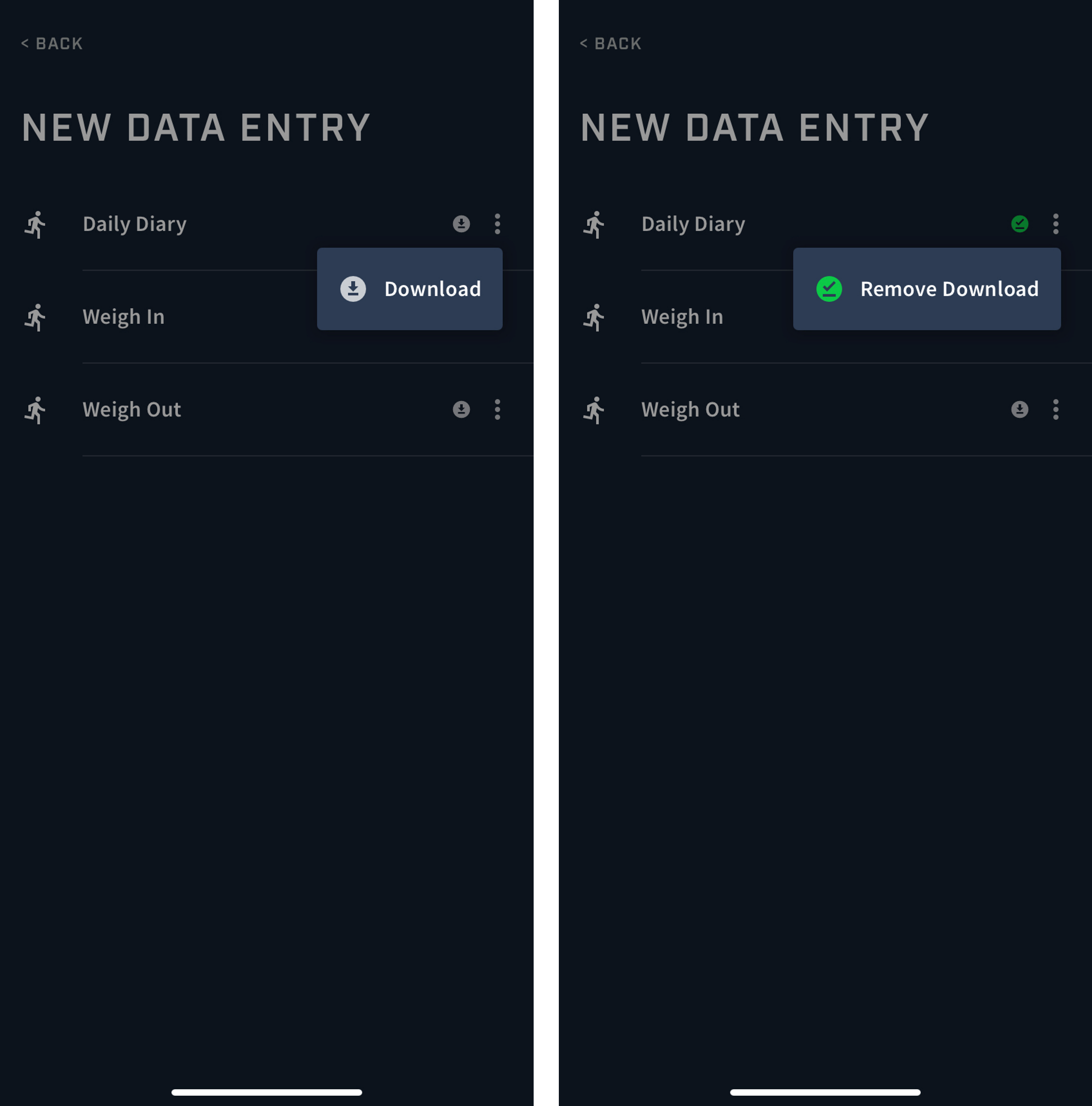 Two screenshots of the New data entry screen on the Athlete app. The buttons in the pop-up window allow you to download an event form for offline use, or remove a downloaded event form if you no longer need it during offline use.