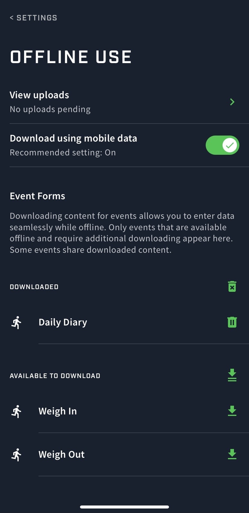 A screenshot of the Offline use settings on the Athlete app.