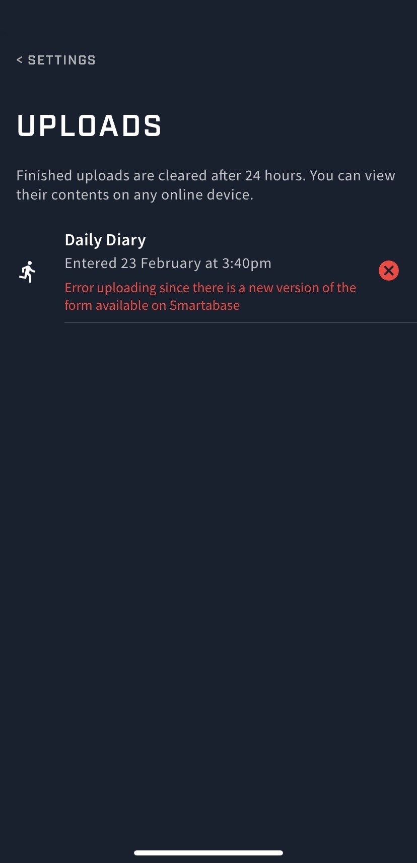 A screenshot of the View uploads screen in the Offline use settings of the Athlete app. A Daily Diary record was entered while offline and an error message is displayed because it was not able to be synced to the server.