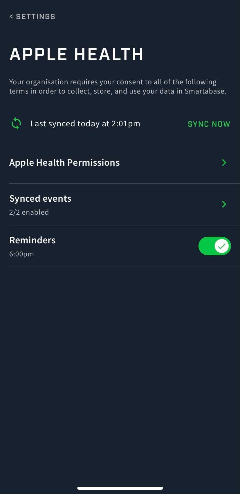 A screenshot of the Apple Health settings screen on the Athlete app.