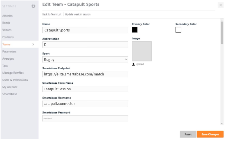 A screenshot showing the Teams settings in OpenField for the Catapult integration.