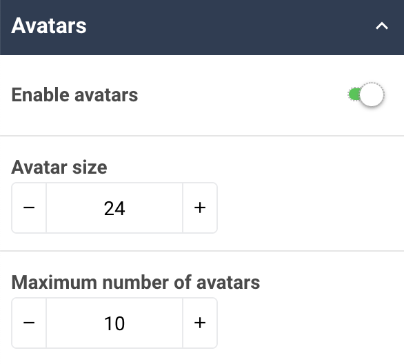 A screenshot showing an example of the Avatars properties of an aggregation table widget.