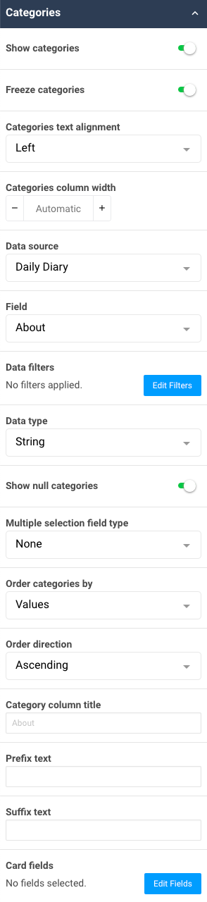 A screenshot of the Category section and settings for the Aggregation table widget shown in the sidebar.