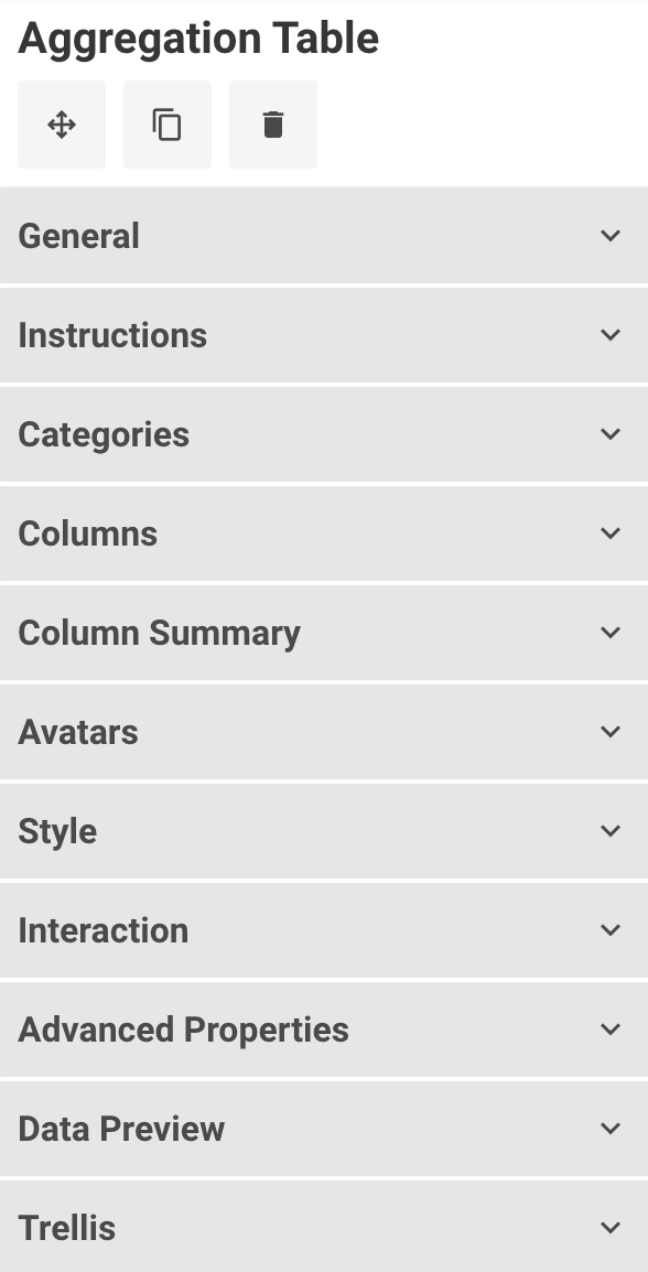 A screenshot of the Aggregation table widget setting sections in the sidebar.