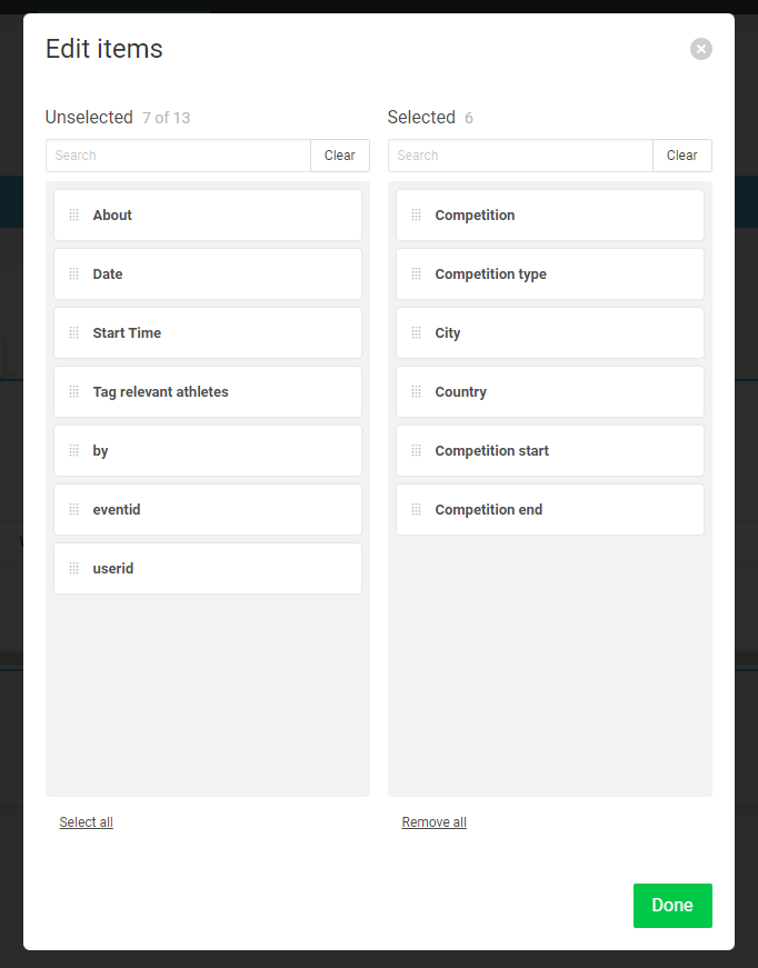 A screenshot of the pop-up window to add fields to the interaction card in the Dashboard builder.