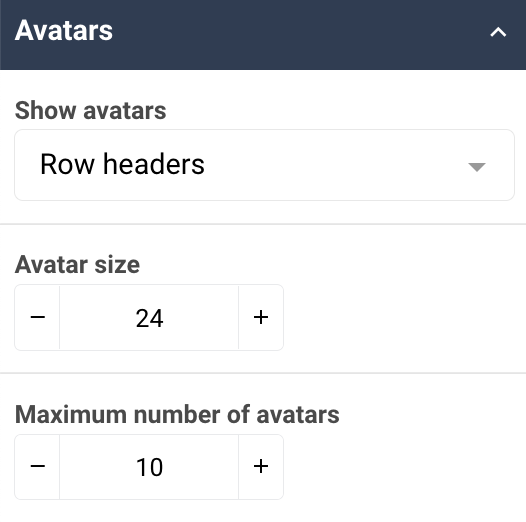 A screenshot showing an example of the Avatars properties of a matrix widget.