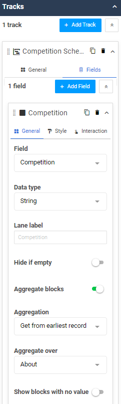 A screenshot of a Periodization diagram widget in the Dashboard builder. The track Field properties are shown in the sidebar.
