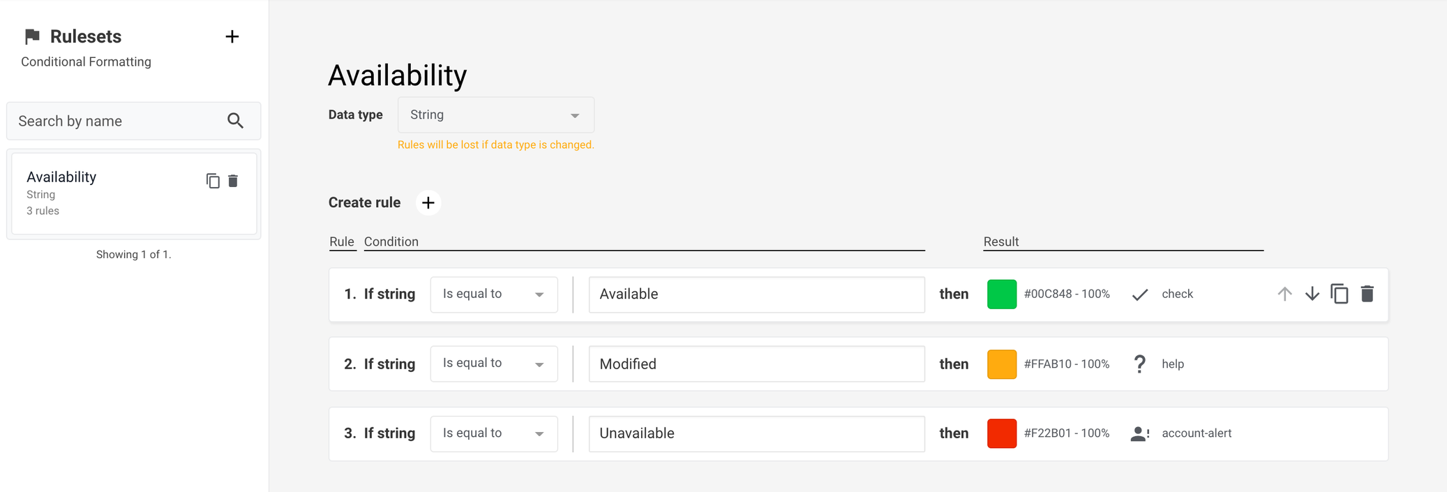 A screenshot showing the ruleset screen in the dashboard builder.