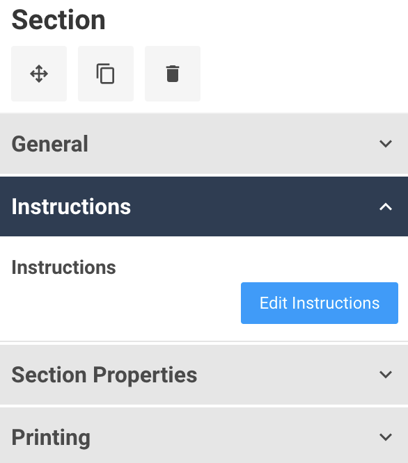 A screenshot showing the instructions property for a dashboard section.